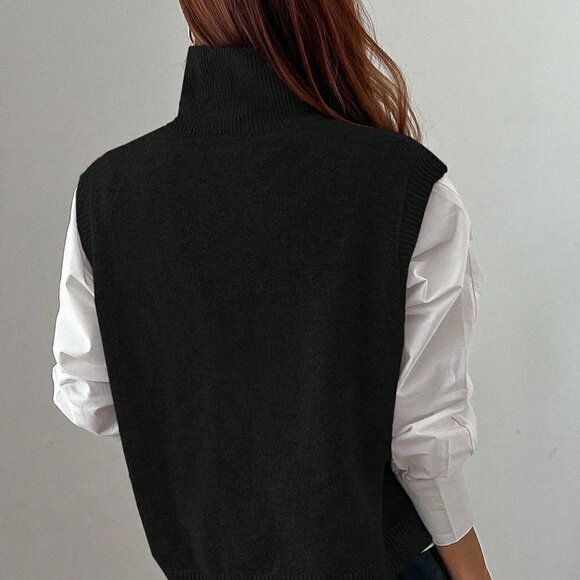 Black Casual Womens Turtleneck Split Hem Sweater Vest - Picture 2 of 5